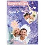 Personalised Engagement Congratulations Card with Two Heart Photo Upload and Purple Floral Design