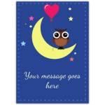 Personalised Owl on Yellow Crescent Moon with Pink Heart Balloon Greeting Card