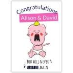 Funny New Baby Congratulations Card for Parents You Will Never Sleep Again with Crying Baby Illustration