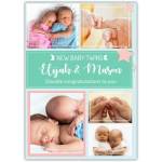 New Baby Twins Personalised Photo Gallery Congratulations Card in Green and Pink