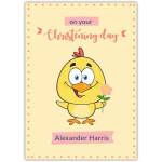 Personalised Christening Day Card with Cute Yellow Bird Holding Flower for Boys