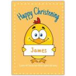 Personalised Happy Christening Card with Cute Chick Holding Name Note in Yellow