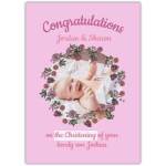 Congratulations Christening Card with Pink Floral Frame and Photo Personalisation Option