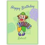 Personalised Happy Birthday Clown Playing Accordion Card in Green for Kids and Adults