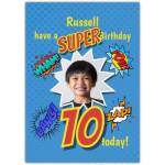 Personalised Superhero Comic Style 10th Birthday Card with Photo and Name