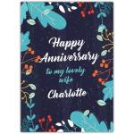 Personalised Happy Anniversary Card for Wife with Dark Blue Leaf Design