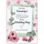 Personalised Wedding Day Bride Card with Pastel Pink Roses and Greenery for Wife