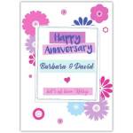 Personalised Happy Anniversary Card Pink Purple Flowers with Custom Name Option