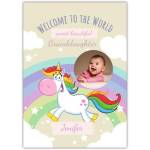 Personalised New Baby Granddaughter Unicorn Welcome Card with Rainbow and Photo Upload