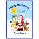 Personalised Christmas Card from Santa with Snowman Dog and Sunny Winter Scene