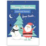 Personalised Merry Christmas Card with Santa and Snowman Night Scene