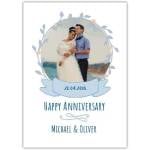 Personalised Blue Floral Frame Anniversary Photo Upload Card