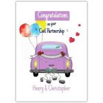 Personalised Congratulations Civil Partnership Purple Car Greeting Card