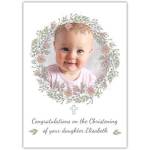 Personalised Pink Floral Wreath Christening Card with Photo and Cross Design