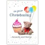 Personalised Christening Card with Pink Cupcake Teddy Bear and Balloons Design