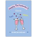 Personalised Happy Retirement Card Pink Wine Glasses Clink and Hearts Design