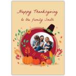 Personalised Happy Thanksgiving Photo Card with Pumpkins Sunflowers and Pilgrim Hat Design