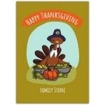 Happy Thanksgiving Turkey Wearing Pilgrim Hat with Autumn Harvest Card