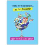 Personalised Humorous New Year Champagne Celebration Card with Custom Name Option