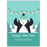 Personalised Happy New Year Greeting Card with Cute Penguin and Winter Scene