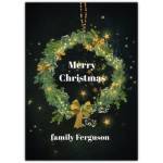 Personalised Merry Christmas Wreath Card with Gold Bow and Fairy Lights Design