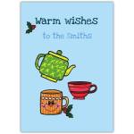 Personalised Christmas Warm Wishes Card with Festive Teapot and Cups Design