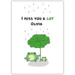 Miss You Frog Pals Personalised Missing You Greeting Card with Rain and Leaf Design