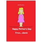 Personalised Mothers Day Card with Pink Dress Doodle on Red Background