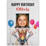 Personalised Wonder Woman Photo Upload Birthday Card with Name and Balloons Design