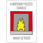 Birthday Puzzle Blonde Humour Card with Fireplace Illustration