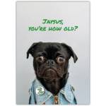 Funny Jaysus How Old Are You Birthday Card with Pug Dog in Denim Jacket