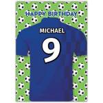 Personalised Blue Football Birthday Card with Custom Name and Number for Kids