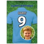 Personalised Light Blue Football Jersey Photo Upload Birthday Card