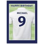Personalised Football Jersey Happy Birthday Card with Name and Number on Pitch Design