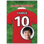 Personalised Football Shirt Birthday Card with Photo Upload on Green Pitch Background