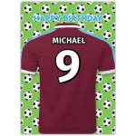 Personalised Football Birthday Card with Maroon Jersey and Soccer Ball Pattern