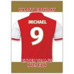 Personalised Football No 1 Fan Birthday Card with Custom Name and Number in Red and White Jersey
