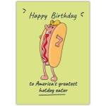 Funny Happy Birthday Card for America’s Greatest Hotdog Eater with Humorous Cartoon Design
