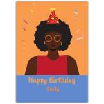 Personalised Happy Birthday Card with Afro Woman Wearing Party Hat and Confetti Design