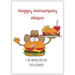 Personalised Funny Anniversary Card with Cartoon Burger Dinner Theme