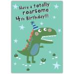 Funny Dinosaur 4th Birthday Card for Kids with Roarsome Party Hat Design