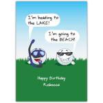 Personalised Funny Golfer Cartoon Birthday Card Heading to Lake and Beach