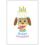 Happy Birthday Card with Cute Dog Wearing Birthday Cake Hat and Candles