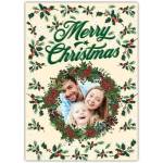 Personalised Merry Christmas Card with Festive Holly Wreath Photo Frame Design