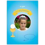Personalised First Holy Communion Photo Card with Chalice and Rosary Design on Blue Background