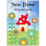Personalised New Home Greeting Card with Colourful Mushroom House and Flowers Design