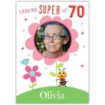 Personalised 70th Birthday Card with Photo Super Flower Design for Her
