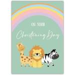 Christening Day Card with Cute Safari Animals and Pastel Rainbow Design