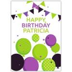 Personalised Happy Birthday Card with Green and Purple Balloons and Bunting Design
