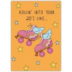 Roller Skates 20th Birthday Card with Fun Winged Design and Stars